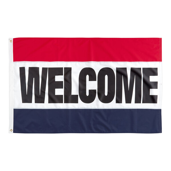 A white Valley Forge flag with the word "Welcome" in blue script.