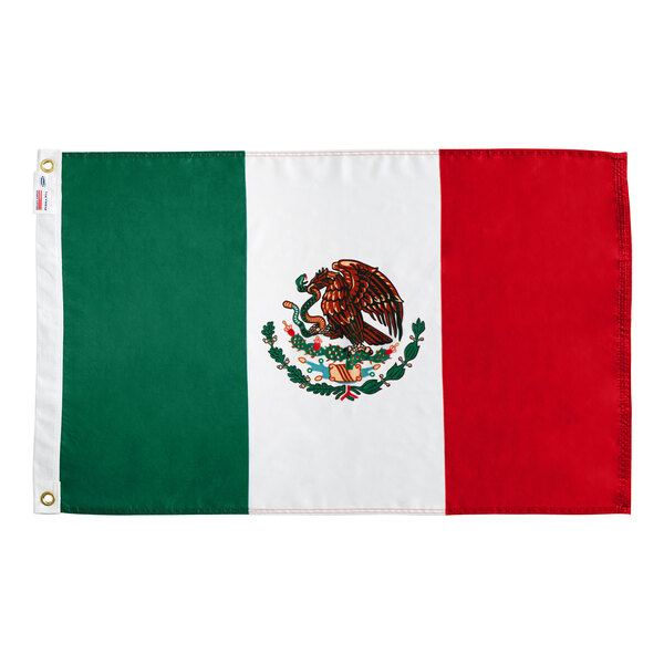 A Valley Forge Mexico flag with a white background and red, white, and green stripes.