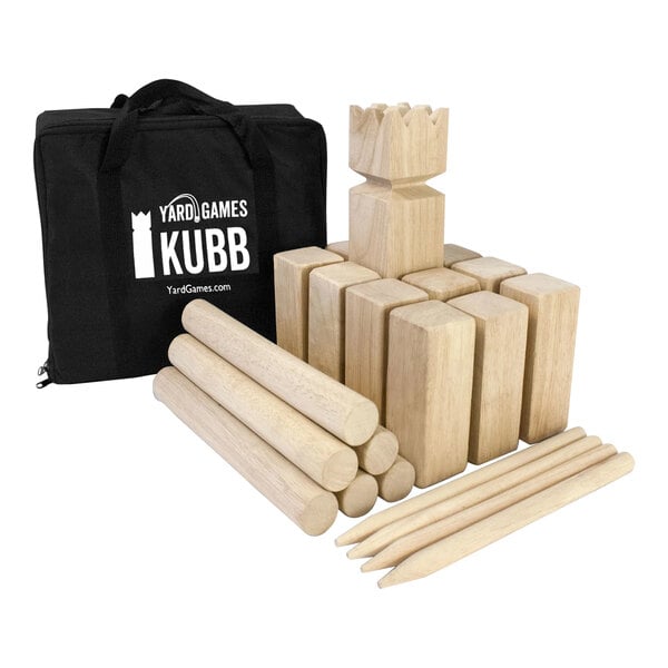 A bag with a Yard Games Kubb game of wood pieces.