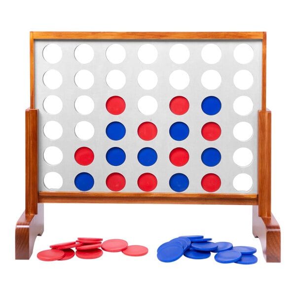 A white wooden Yard Games Four-in-a-Row game board with red and blue circles.
