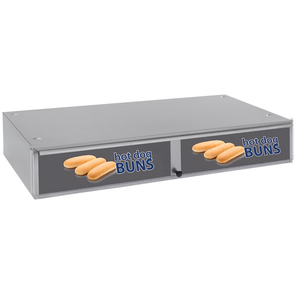 A Nemco stainless steel bun box for a hot dog roller grill holding two buns.