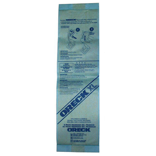 A blue and white paper bag with text for Oreck U2000 and XL2100 series vacuums.