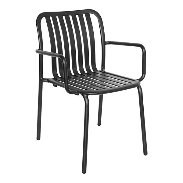 A BFM Seating black metal arm chair with armrests.