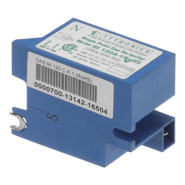A blue rectangular American Range gas re-ignitor module with a white label.
