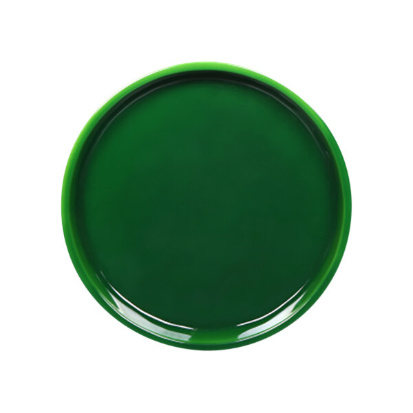 A close-up of a green Elite Global Solutions Maya melamine plate with a reactive glaze.