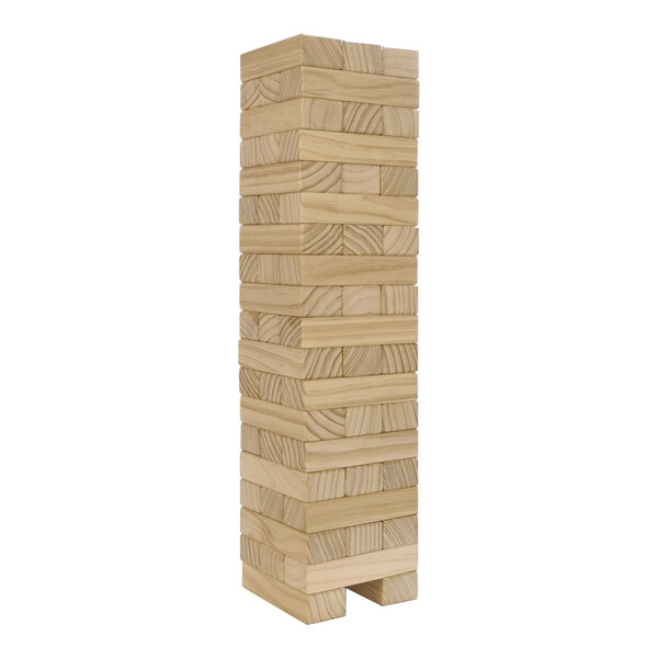 A wooden block tower made with Yard Games Large Tumbling Timbers.