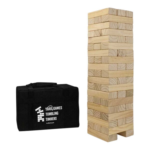 A stack of customizable giant wooden timbers with a black bag