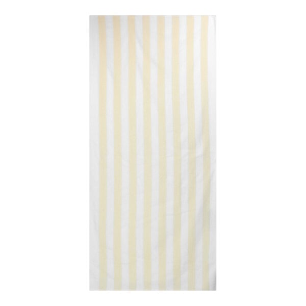 A white rectangular pool towel with yellow and black stripes.