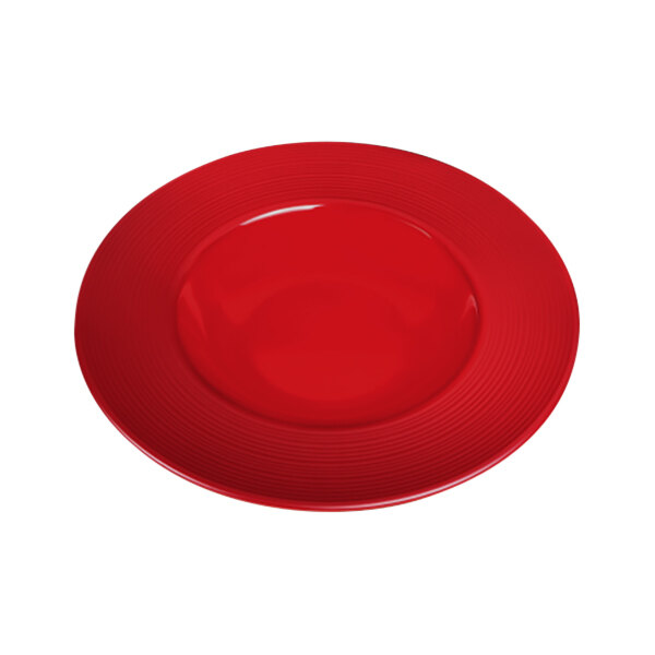 A red melamine bowl with a circular surface and white border.
