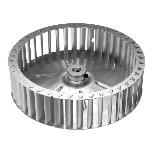 A metal blower wheel with holes on a white background.
