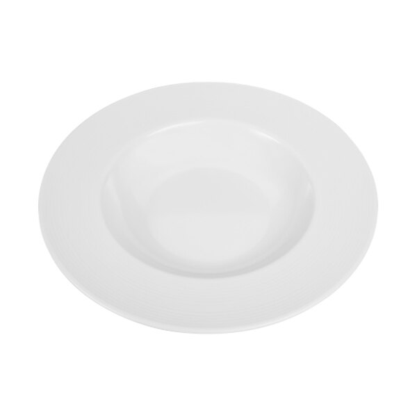 A white melamine bowl with a cream and black circle in the middle.