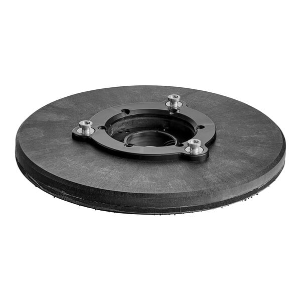 A black circular Lavex pad driver with a metal ring and two holes.