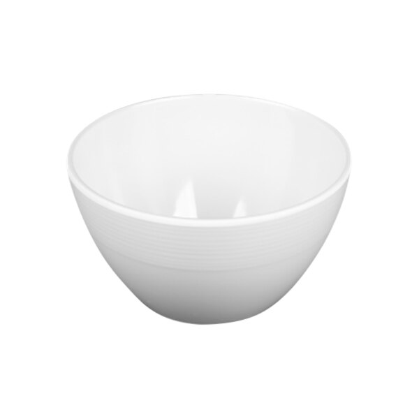 A white Elite Global Solutions melamine bowl with a cream reactive glaze on a white background.