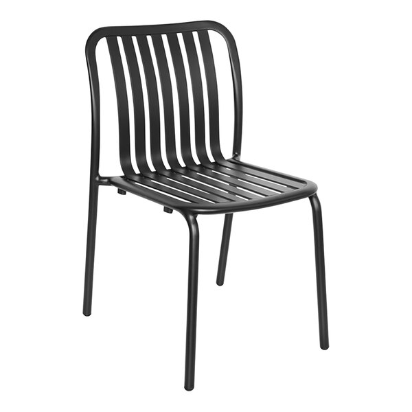 A BFM Seating Key West black metal side chair with a slatted back.