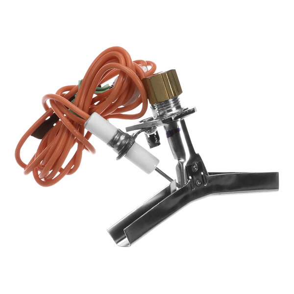 An American Range liquid propane pilot burner/ignitor assembly with a wire attached to a metal pipe.