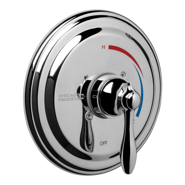 A close-up of a Chicago Faucets chrome shower valve with red and blue temperature dials.
