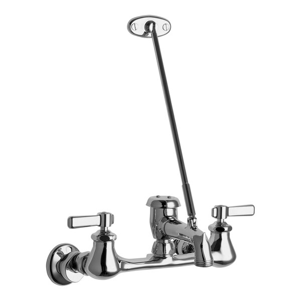 A Chicago Faucets chrome wall-mounted faucet with 2 lever handles.