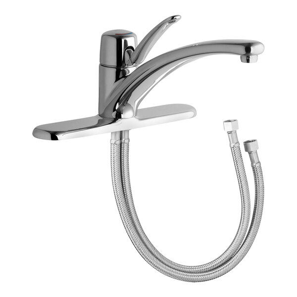 A silver Chicago Faucets deck-mounted faucet with a hose attachment.