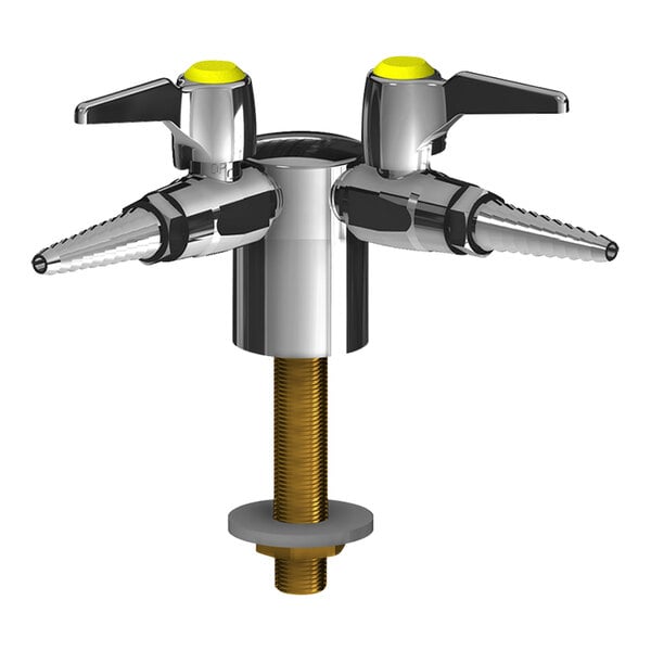 A Chicago Faucets deck-mounted laboratory turret with two yellow metal 90-degree ball valve handles.