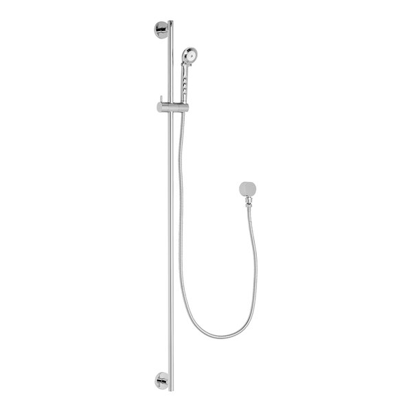 A Chicago Faucets wall-mounted shower head with hand spray and slide bar.