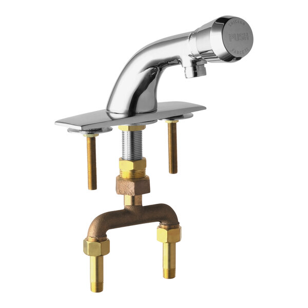 A Chicago Faucets deck-mounted metering faucet with brass spout and chrome finish.