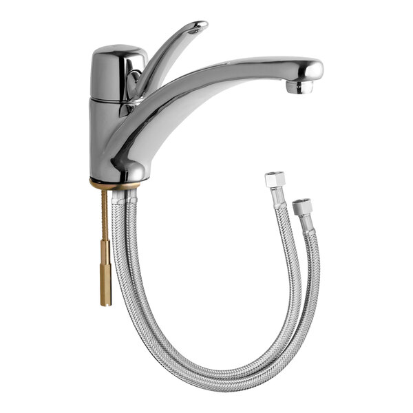 A silver Chicago Faucets single-hole faucet with a 10" spout and lever handle.