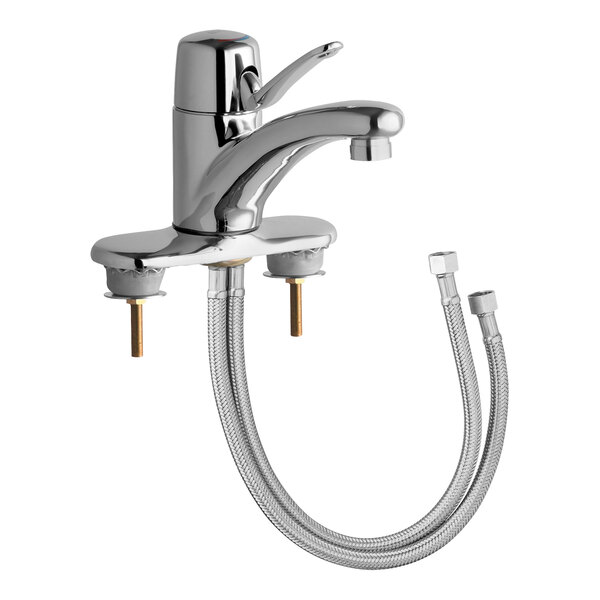 A silver Chicago Faucets deck-mounted faucet with a hose attachment.