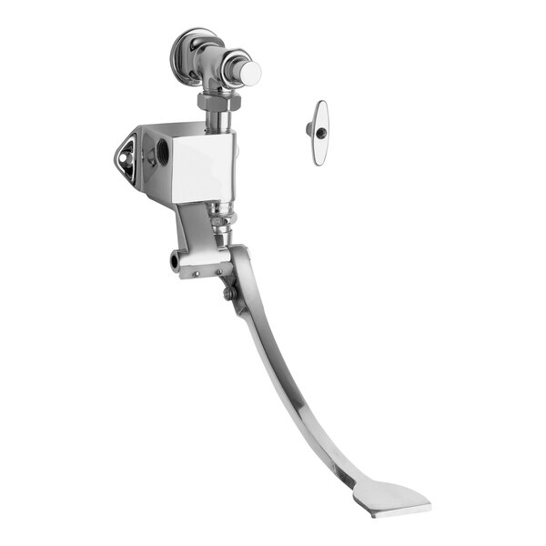 A chrome Chicago Faucets foot-operated remote valve with a long silver pedal.