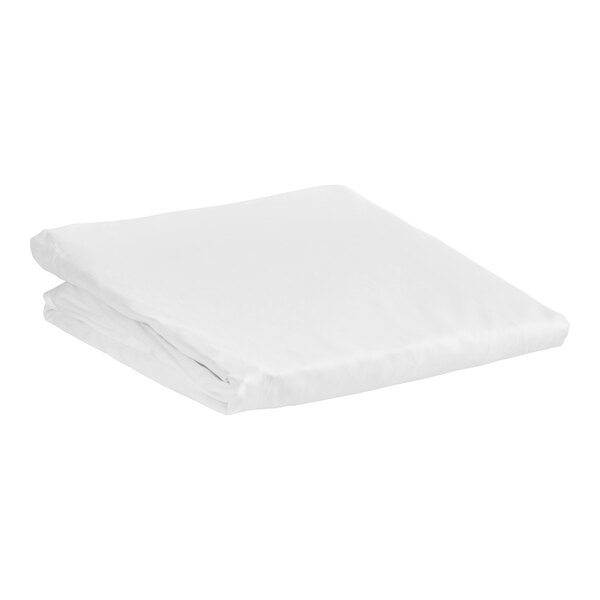 A white 1888 Mills Flourish queen size fitted sheet folded on a white surface.