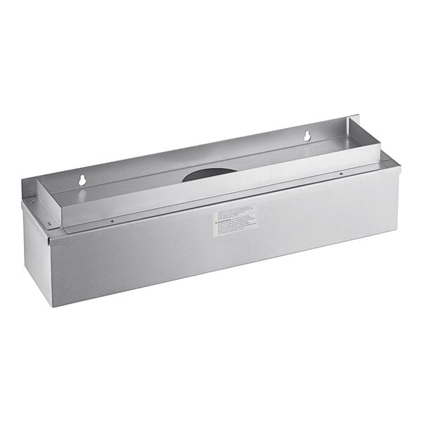 A rectangular silver stainless steel box with a hole in it.