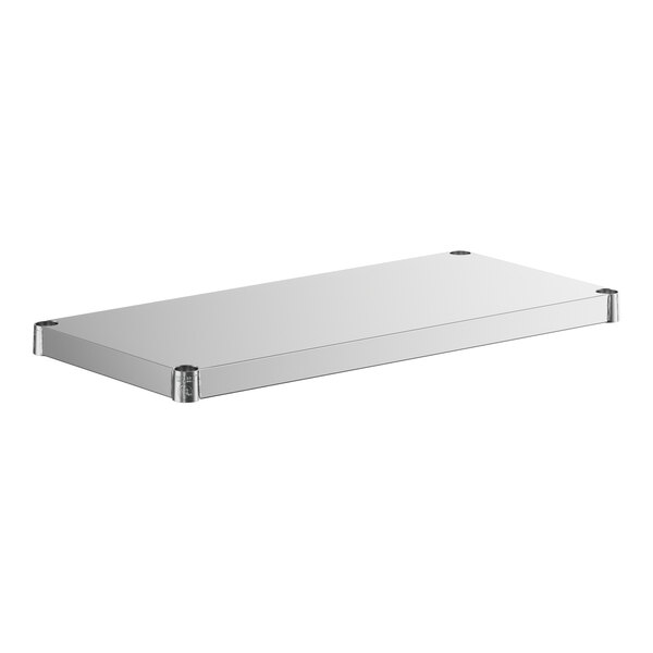 A stainless steel shelf with metal corners.