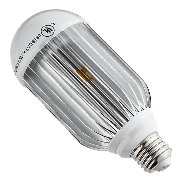 A 12 watt LED light bulb with a clear base and white cap.