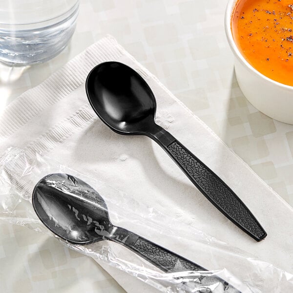 Choice Black Extra Heavy Weight Wrapped Plastic Soup Spoon - 100/Pack