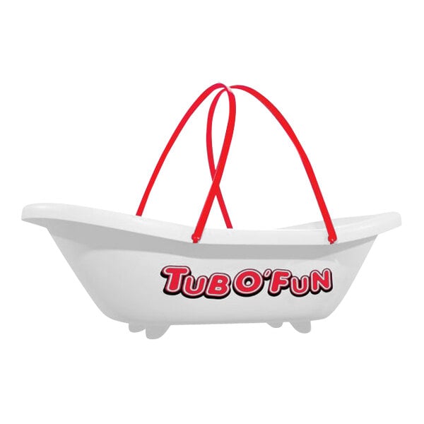 A white 64 oz. Tub O' Fun souvenir container with red text and handles.