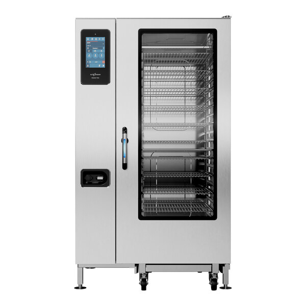 An Alto-Shaam stainless steel commercial oven with shelves and a glass door.