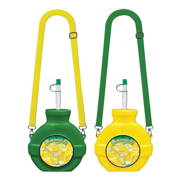 A yellow and green plastic lemonade canteen with a handle.