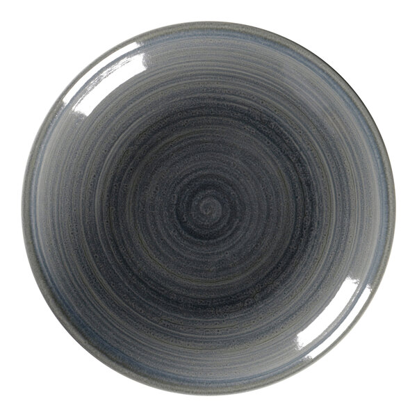 A close-up of a jade porcelain deep coupe plate with a white background and a black rim.