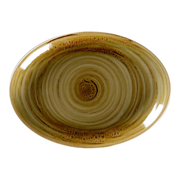 A brown oval platter with a spiral pattern.