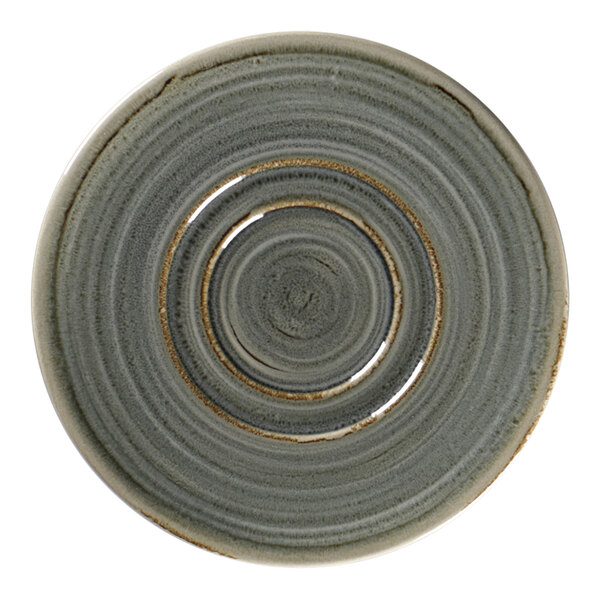 A peridot grey circular saucer with a circular pattern.