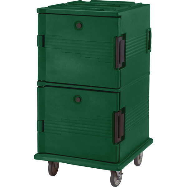 A green plastic storage container on wheels.