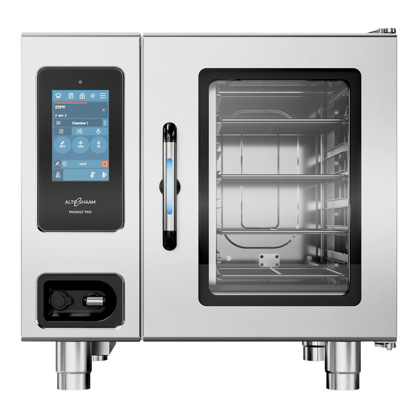 An Alto-Shaam stainless steel commercial countertop combi oven with a digital display.