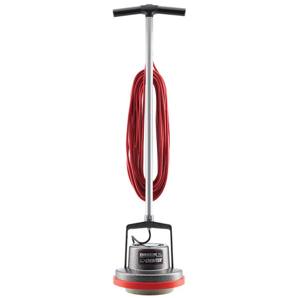 An Oreck 550MC Orbiter floor machine with a red cord and red handle.
