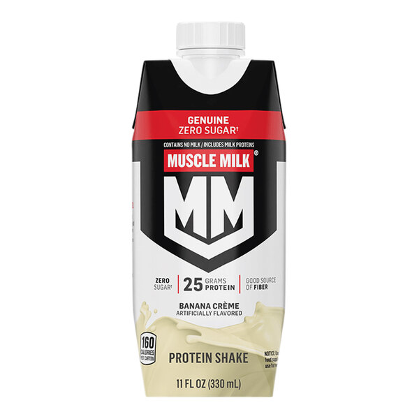 A carton of Muscle Milk Banana Creme Protein Shake with a label.