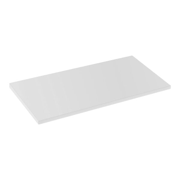 A white rectangular laminated wood shelf.