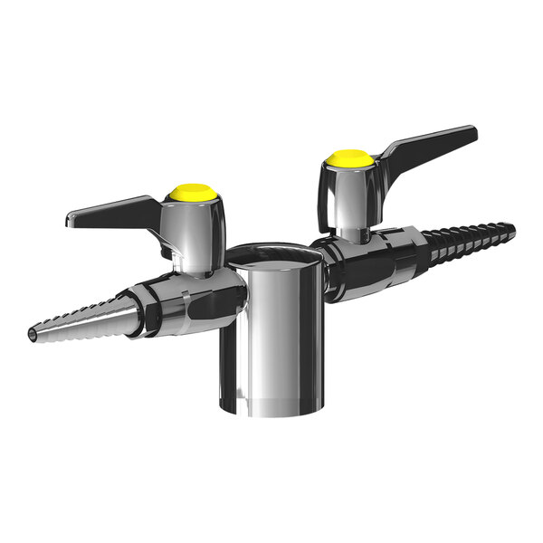 A Chicago Faucets deck-mounted laboratory turret with two yellow index buttons for the handles.