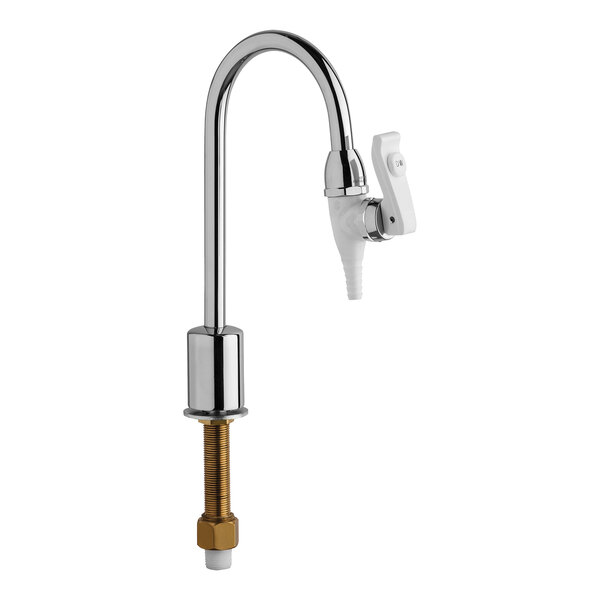 A Chicago Faucets deck-mounted laboratory faucet with a white handle.