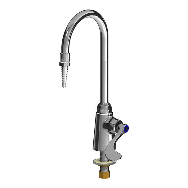A silver Chicago Faucets laboratory faucet with a wristblade handle and gooseneck spout.