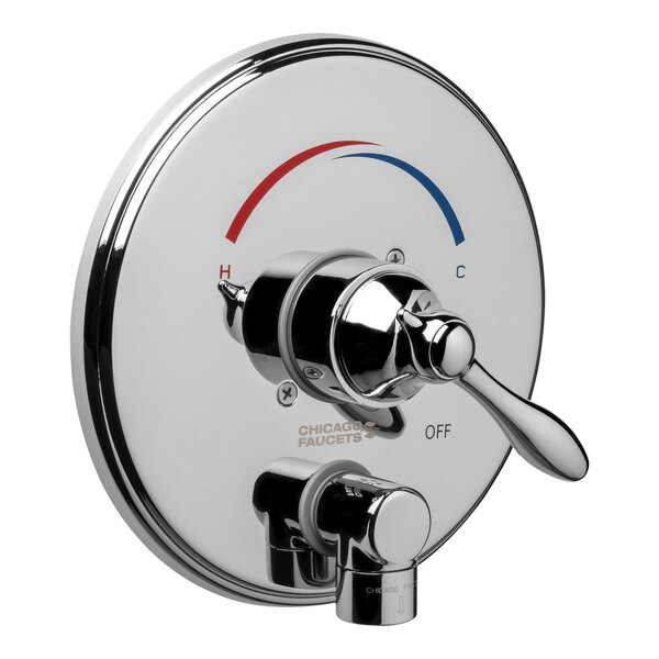 A close-up of a Chicago Faucets chrome shower valve with a temperature control knob.