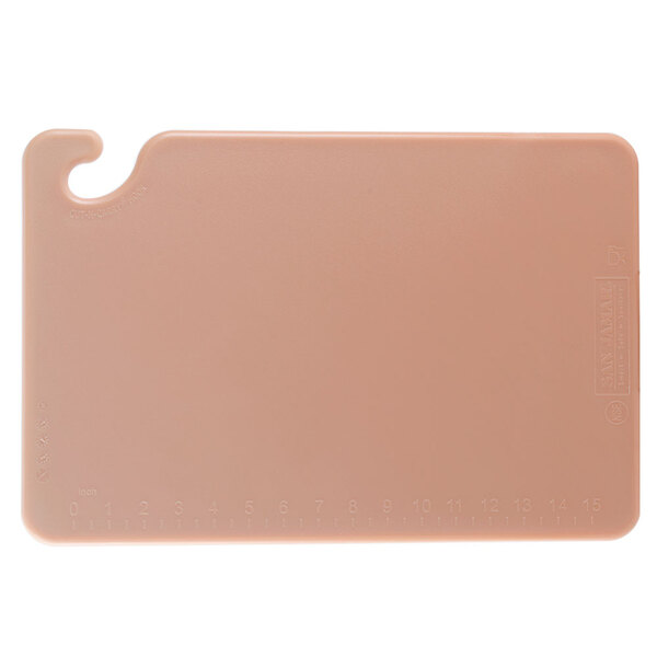 A brown plastic San Jamar cutting board with a hook.