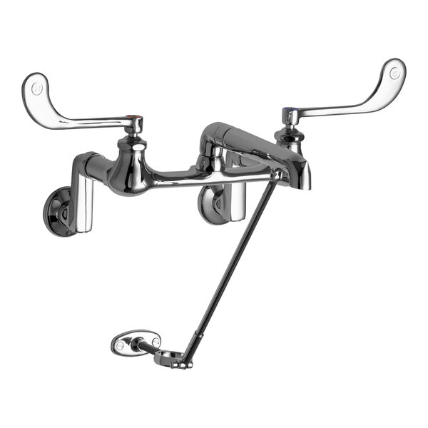 A Chicago Faucets chrome wall-mounted faucet with 6" elbow blade handles.